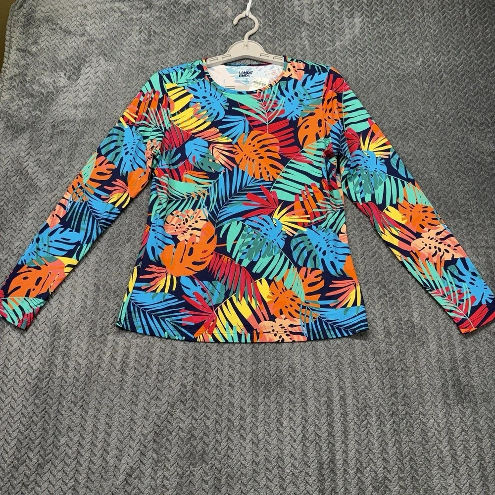 Lands' End Swim Tee Small Rash‎ Guard UPF 50 Tropical Multi Palm Leaves NEW